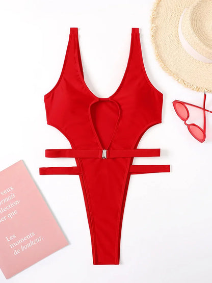 Fiji Extreme Thong High Cut Cut Out Swimsuit Sunset and Swim Red S