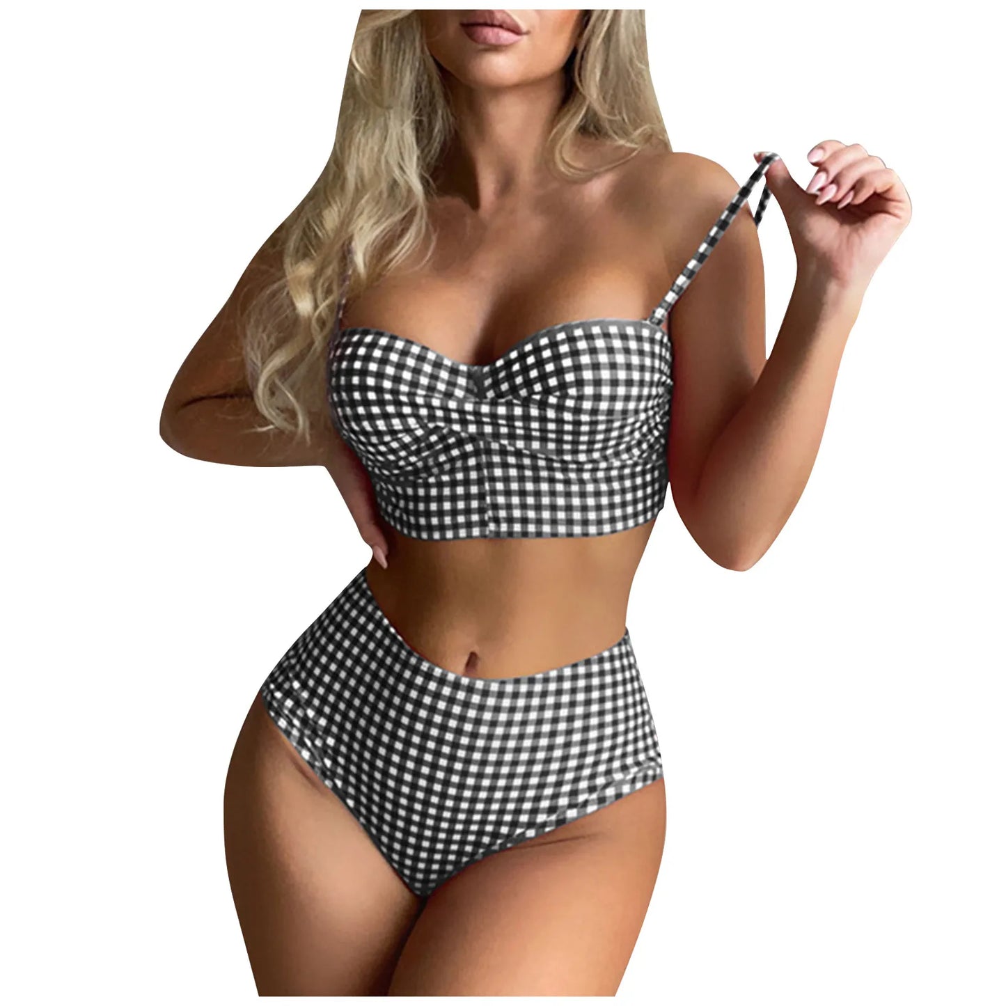 Confident Coastline Plaid High Waist Bikini Sunset and Swim Black S