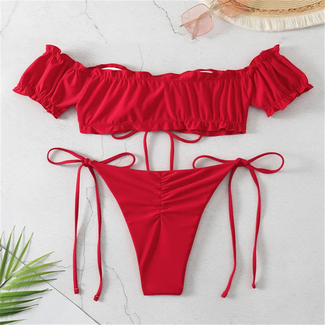 Red Waves Off Shoulder Bikini Sunset and Swim