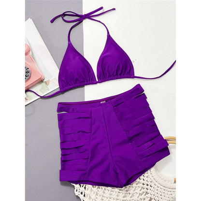 Sexy Halter Strappy Cut Out Shorts Bikini Sunset and Swim Purple S