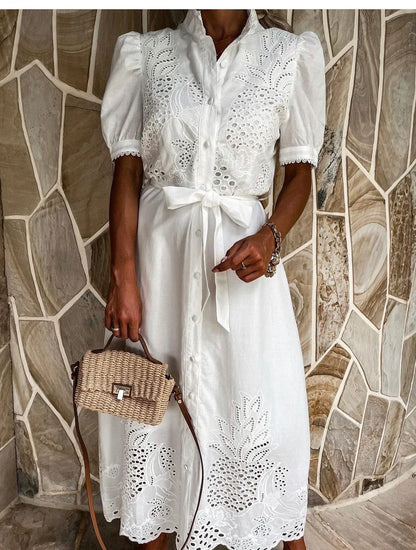 Farmhouse Beauty: Flowy Boho Lace & Embroidery Dress [Spirit and Rebel] White S 