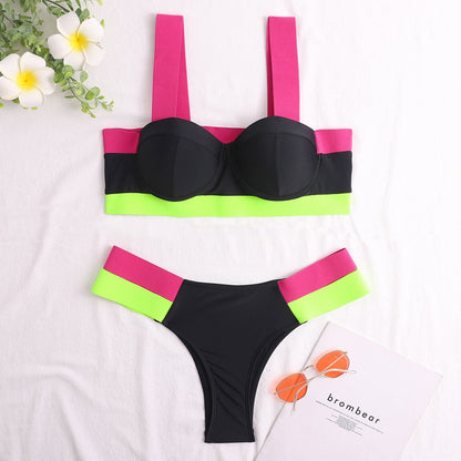 Waves Queen Bandage Brazilian Push Up Bikini Sunset and Swim Pink/Black/Green S