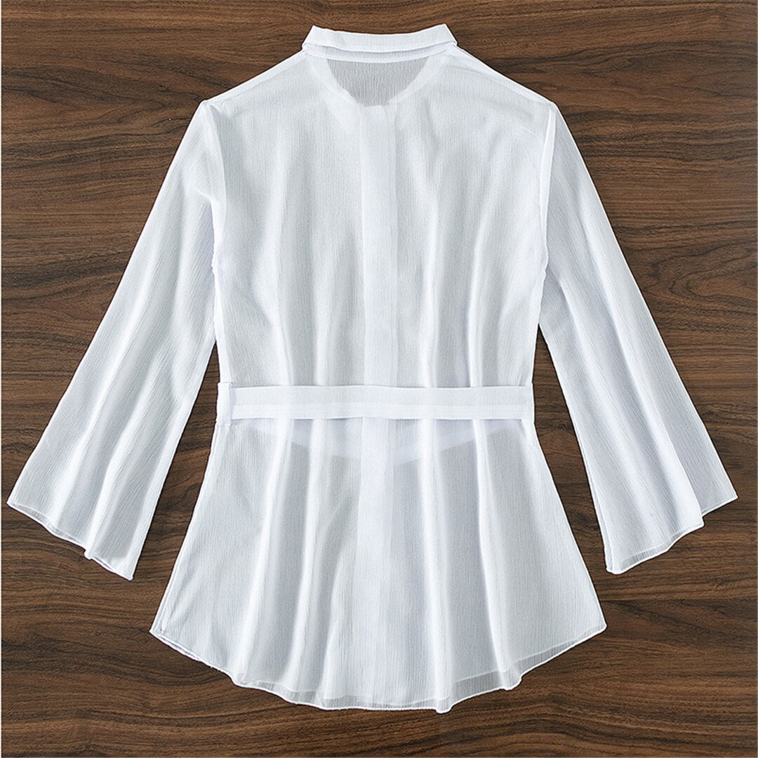 White Long Sleeve Shirt With Belt Bikini Cover Up [Spirit and Rebel]