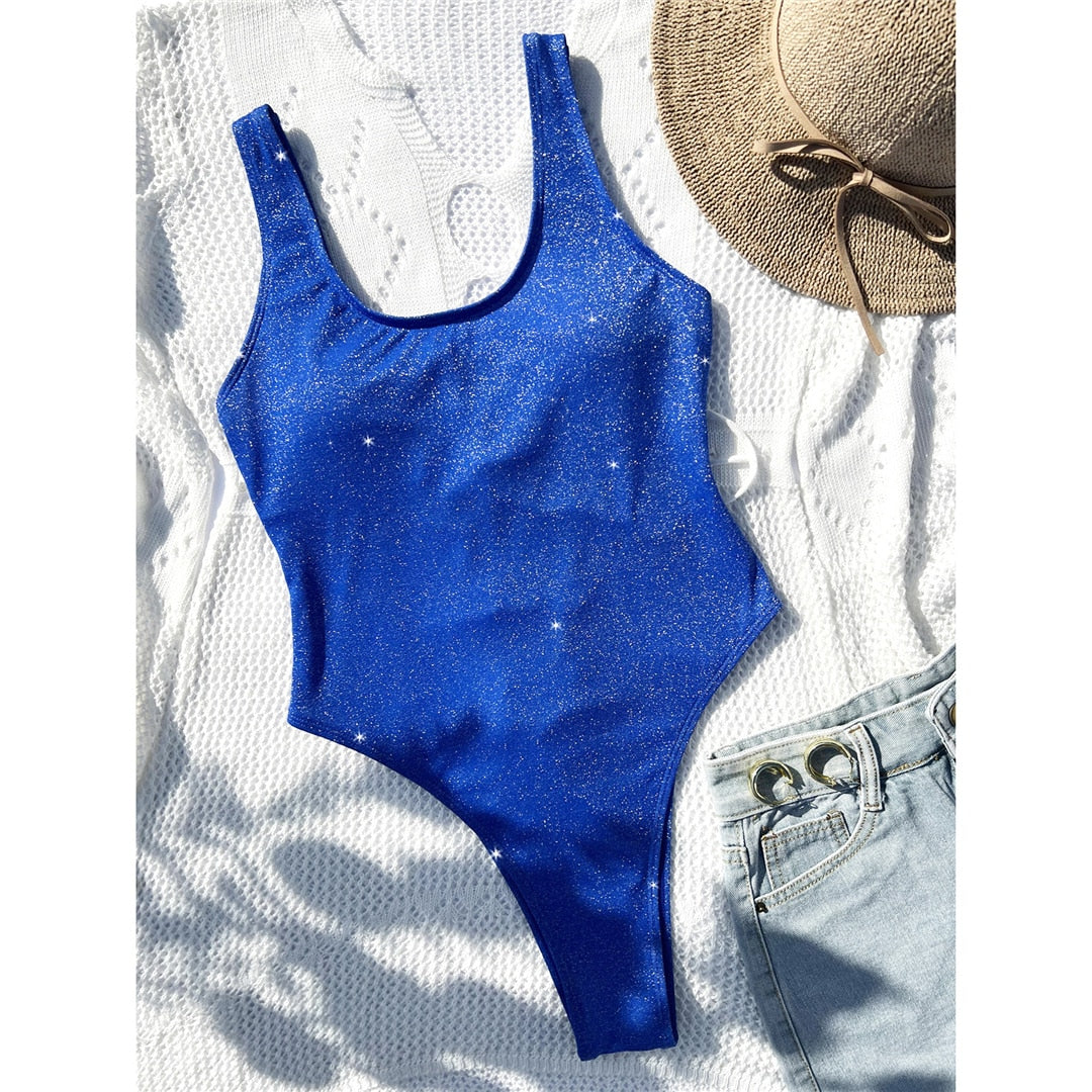 Blue Sexy Glitter Sparkling Lace Up One Piece Swimsuit Sunset and Swim