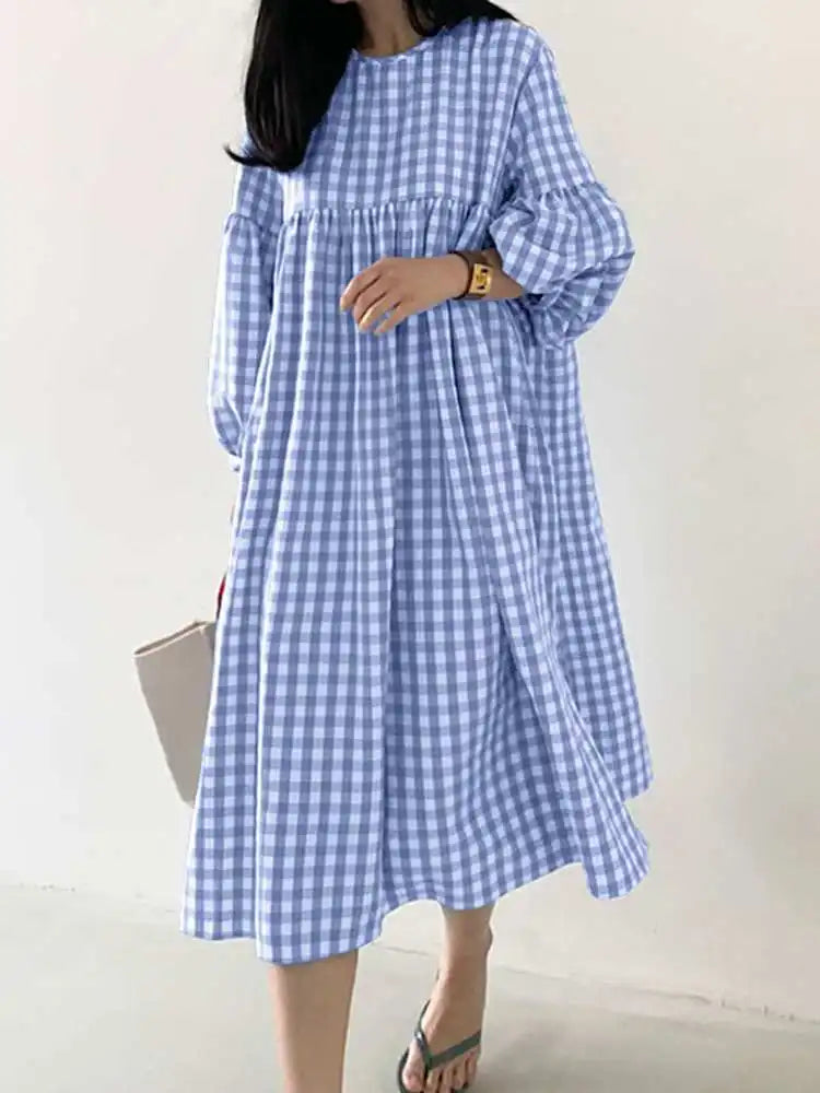 Plaid Breeze Dream Plus Size Boho Dress [Spirit and Rebel] S Blue 