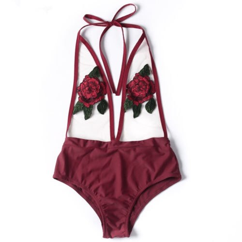 Ultra Hot Mesh See Through Floral Swimsuit Sunset and Swim Red S