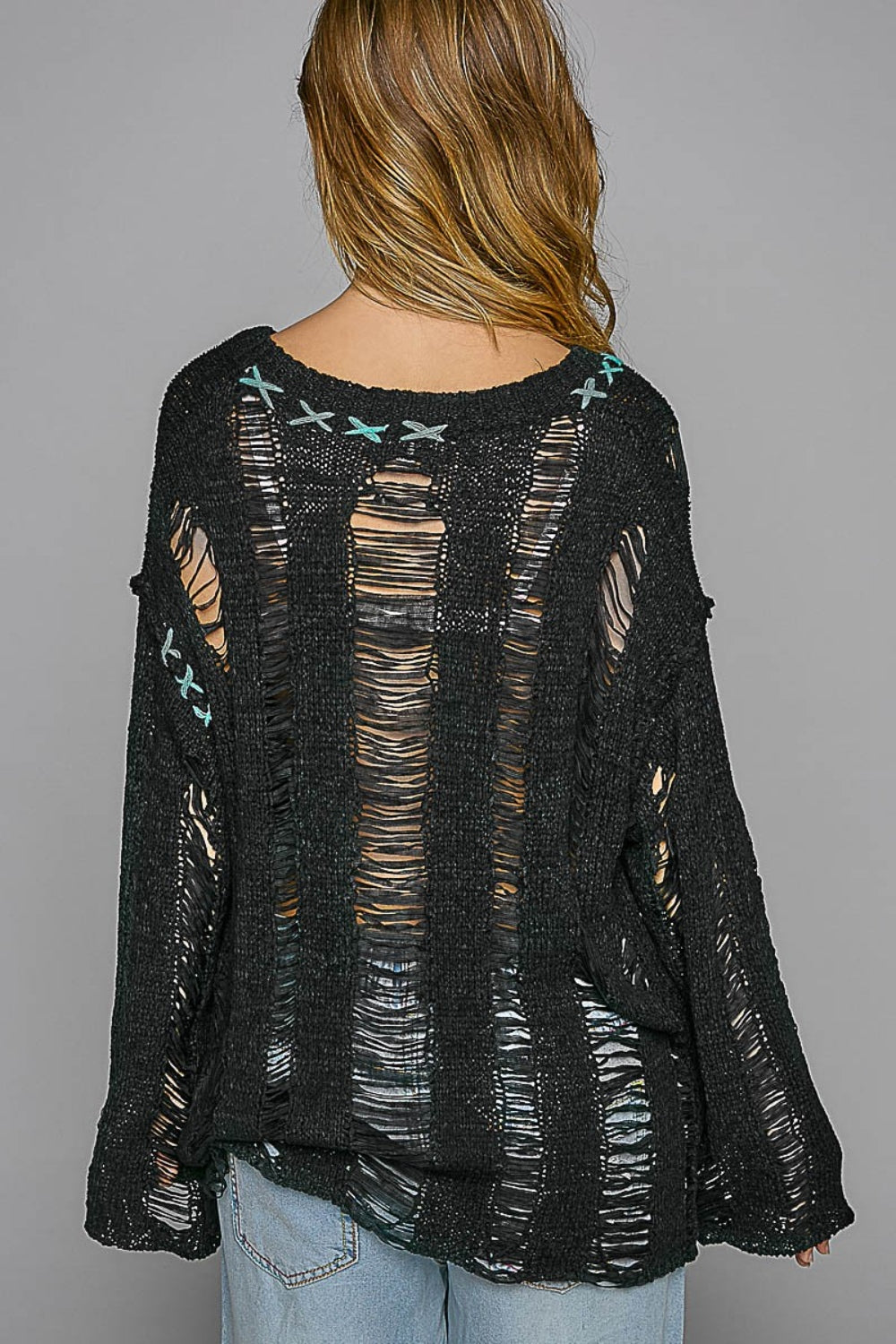 Distressed Dropped Shoulder Long Sleeve Knit Boho Top - Spirit and Rebel [Spirit and Rebel]   