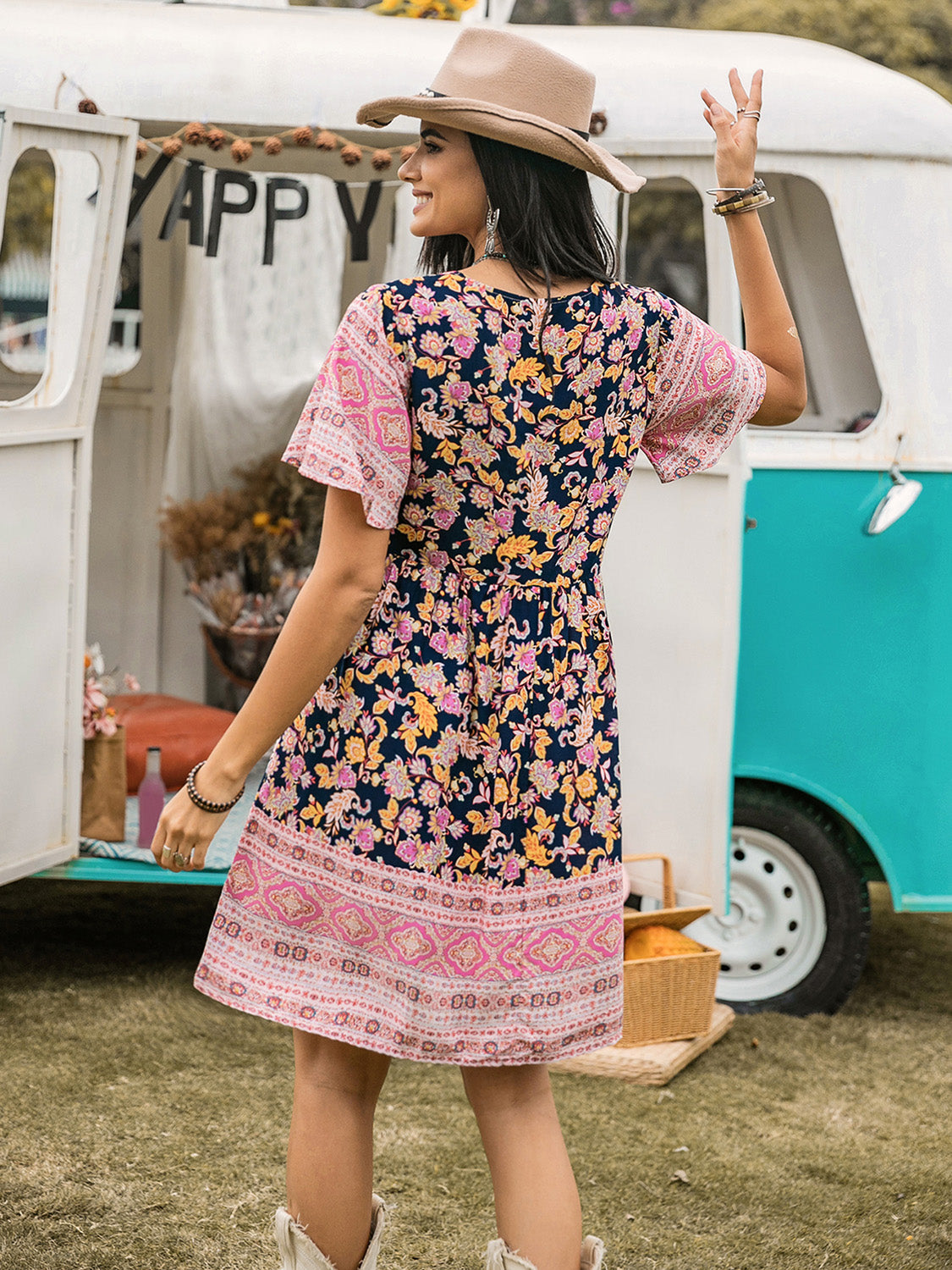 Printed V-Neck Short Sleeve Boho Dress - Spirit and Rebel [Spirit and Rebel]   