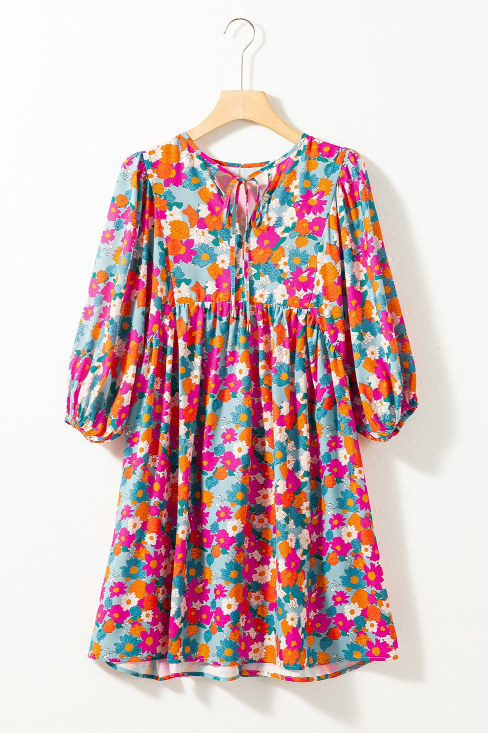 Floral Tie Neck Puff Sleeve Boho Mini Dress [Spirit and Rebel]   