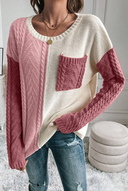 Color Block Round Neck Long Sleeve Boho Sweater - Spirit and Rebel [Spirit and Rebel] Dusty Pink L 