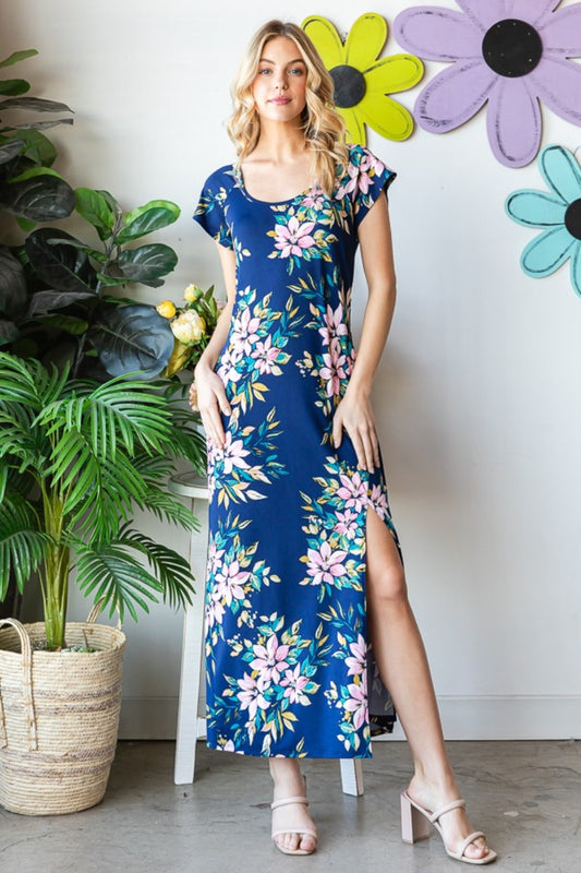 Plus Size Floral Short Sleeve Slit Boho Dress - Spirit and Rebel [Spirit and Rebel] Navy Multi S 