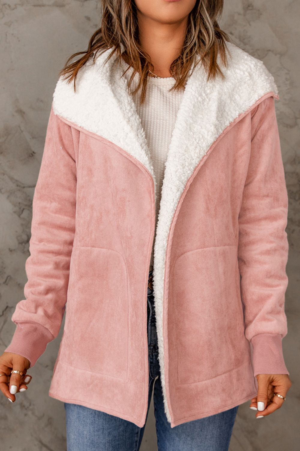 Open Front Long Sleeve Sherpa Jacket [Spirit and Rebel] Blush Pink S