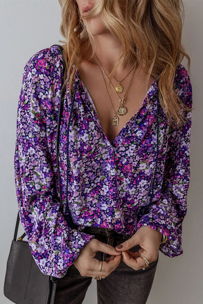 Spirit and Rebel Floral Tie Neck Long Sleeve Bohemian Blouse [Spirit and Rebel]   