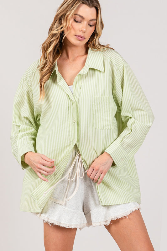 Striped Button Up Long Sleeve Boho Shirt - Spirit and Rebel [Spirit and Rebel] SAGE S/M 