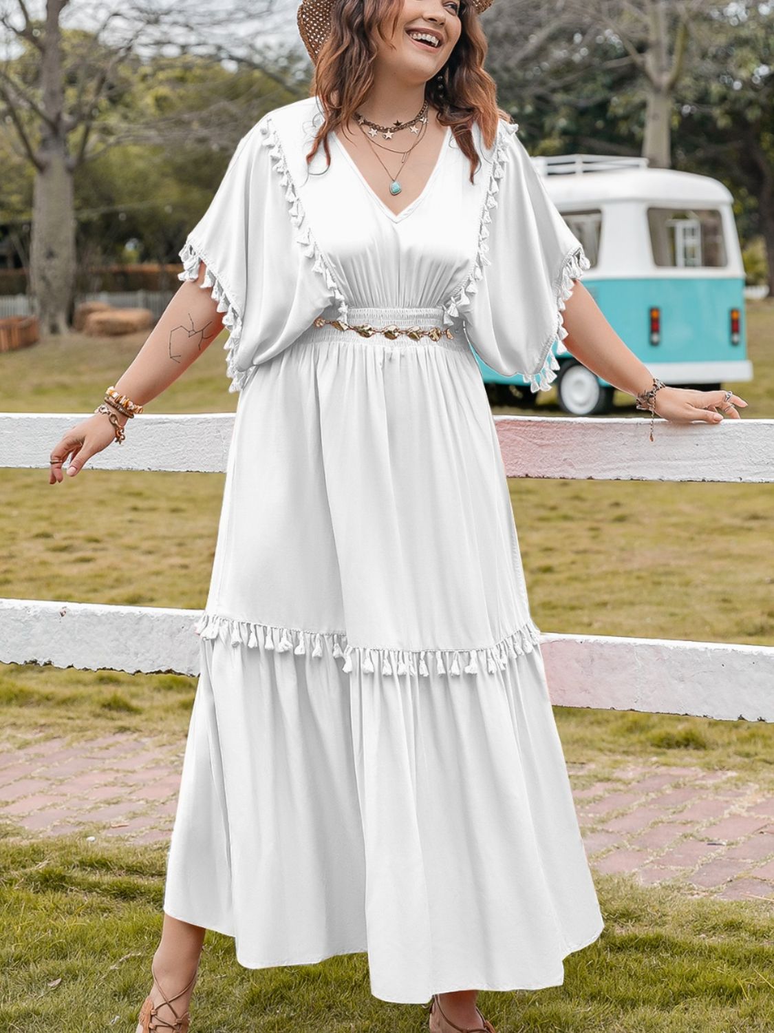 Spirit and Rebel Plus Size Tassel Smocked V-Neck Half Sleeve Dress [Spirit and Rebel]   