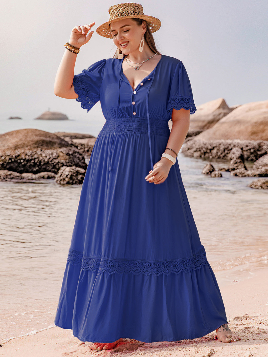 Plus Size Lace Detail Tie Neck Short Sleeve Maxi Boho Dress - Spirit and Rebel [Spirit and Rebel]   