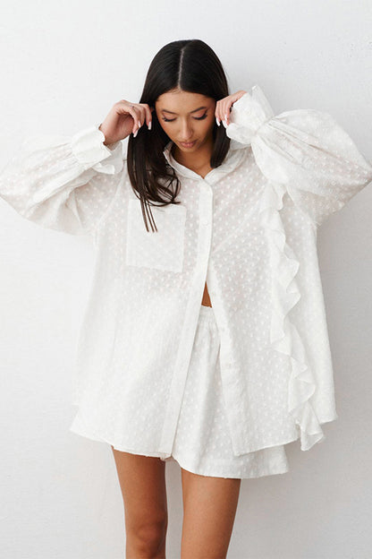 Ruffled Dot Applique Collared Neck Top and Shorts Set [Spirit and Rebel]