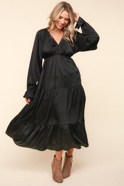 Spirit and Rebel Flounce Sleeve Tiered Midi Dress with Pockets [Spirit and Rebel]   