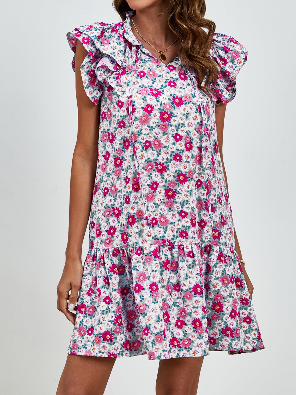 Tied Floral Cap Sleeve Mini Boho Dress - Spirit and Rebel [Spirit and Rebel]   