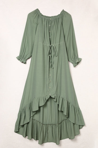 Drawstring Off-Shoulder Flounce Sleeve Boho Dress [Spirit and Rebel]   