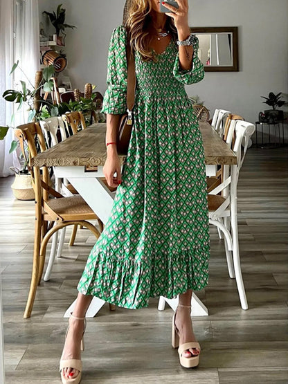 Smocked Printed V-Neck Midi Boho Dress - Spirit and Rebel [Spirit and Rebel] Green S 