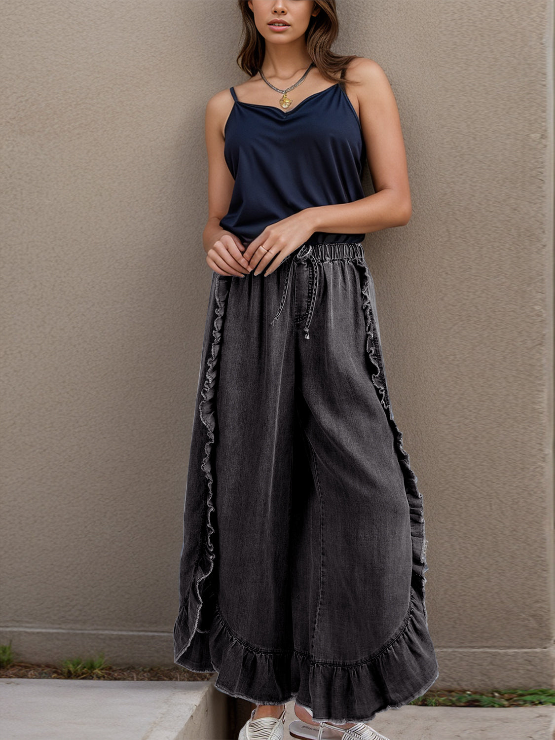 Drawstring Ruffled Wide Leg Boho Jeans - Spirit and Rebel [Spirit and Rebel]   