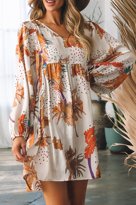 Printed V-Neck Balloon Sleeve Mini Boho Dress - Spirit and Rebel [Spirit and Rebel] Multicolor S 