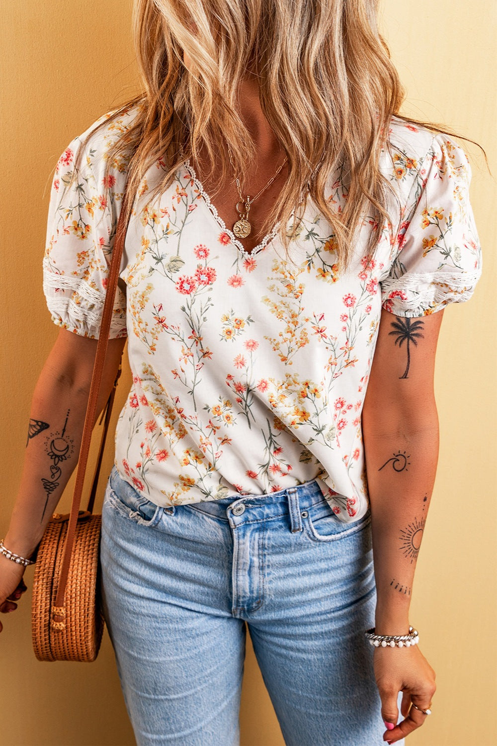 Printed V-Neck Puff Sleeve Boho Blouse [Spirit and Rebel]   