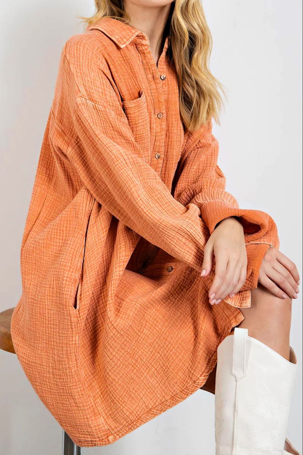 Pocketed Button Up Long Sleeve Shirt Dress [Spirit and Rebel]