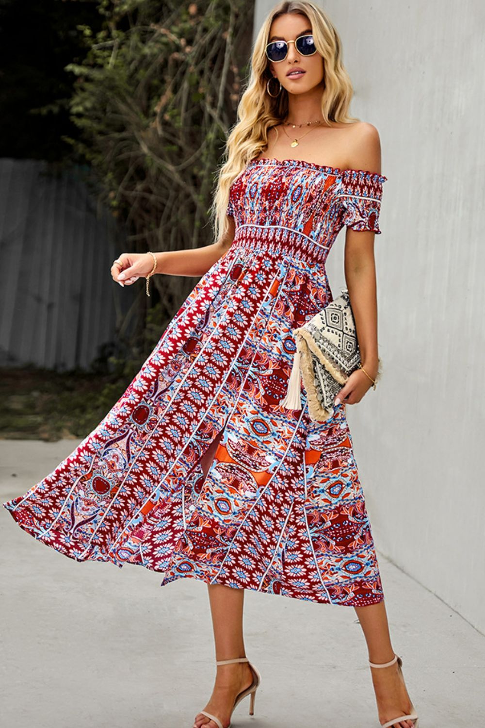 Off-Shoulder Frill Trim Split Boho Wedding Guest Dress [Spirit and Rebel]   