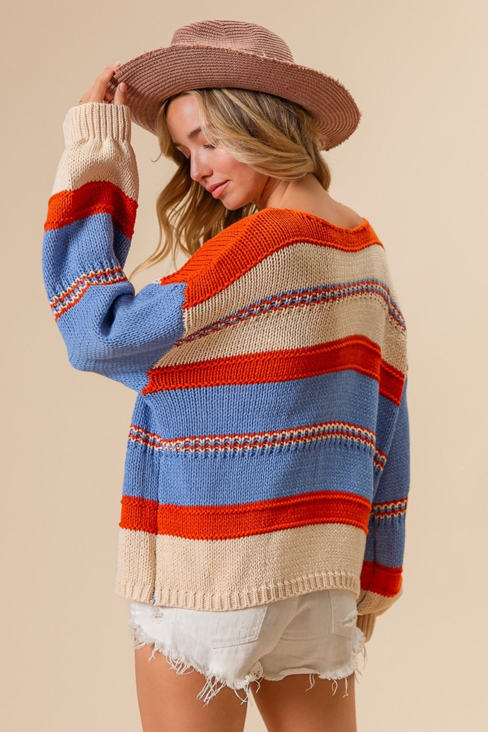 Spirit and Rebel Multi Color Stripe Scoop Neck Boho Sweater [Spirit and Rebel]   