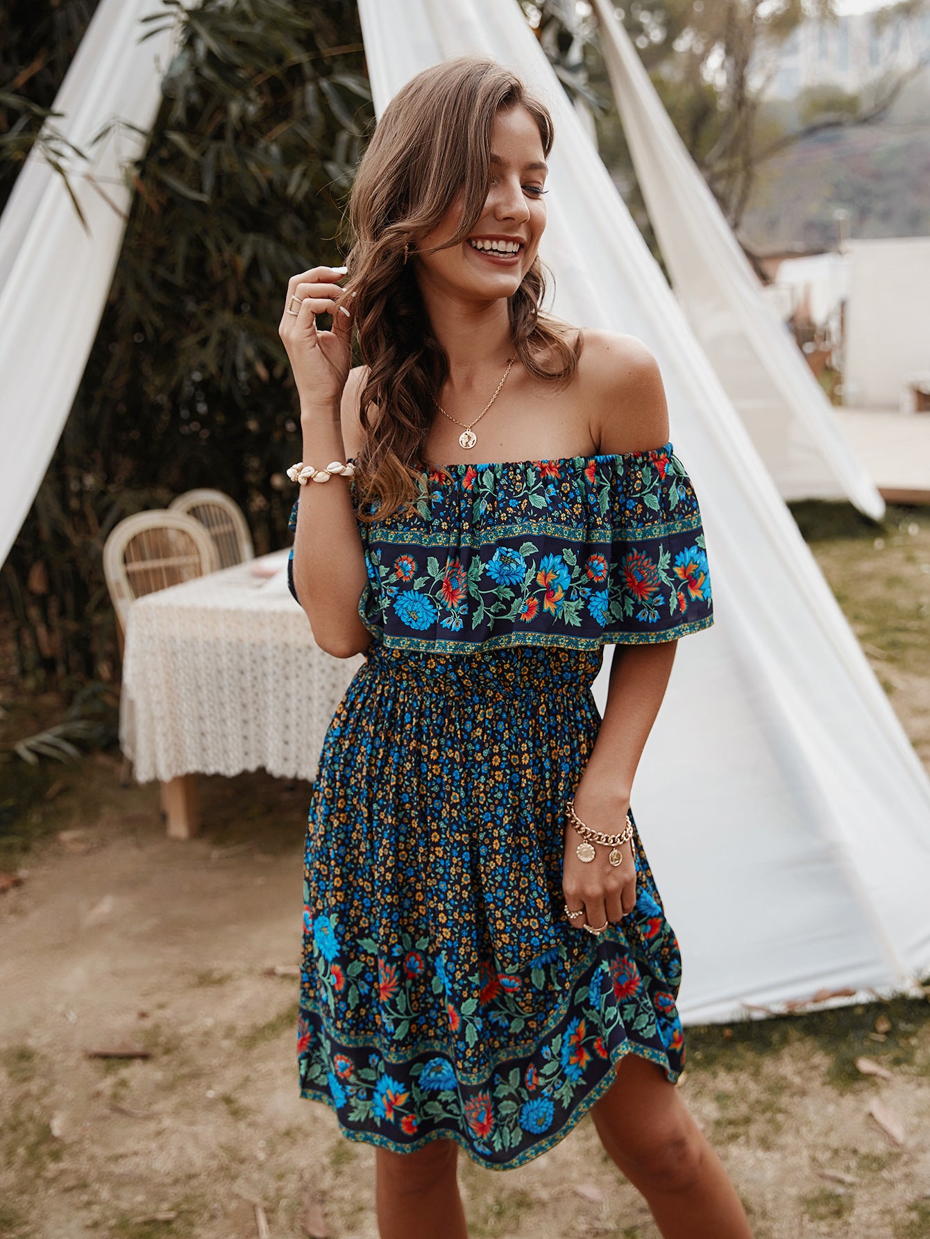 Bohemian Print Off-Shoulder Strapless Knee Length Dress [Spirit and Rebel] Navy S 