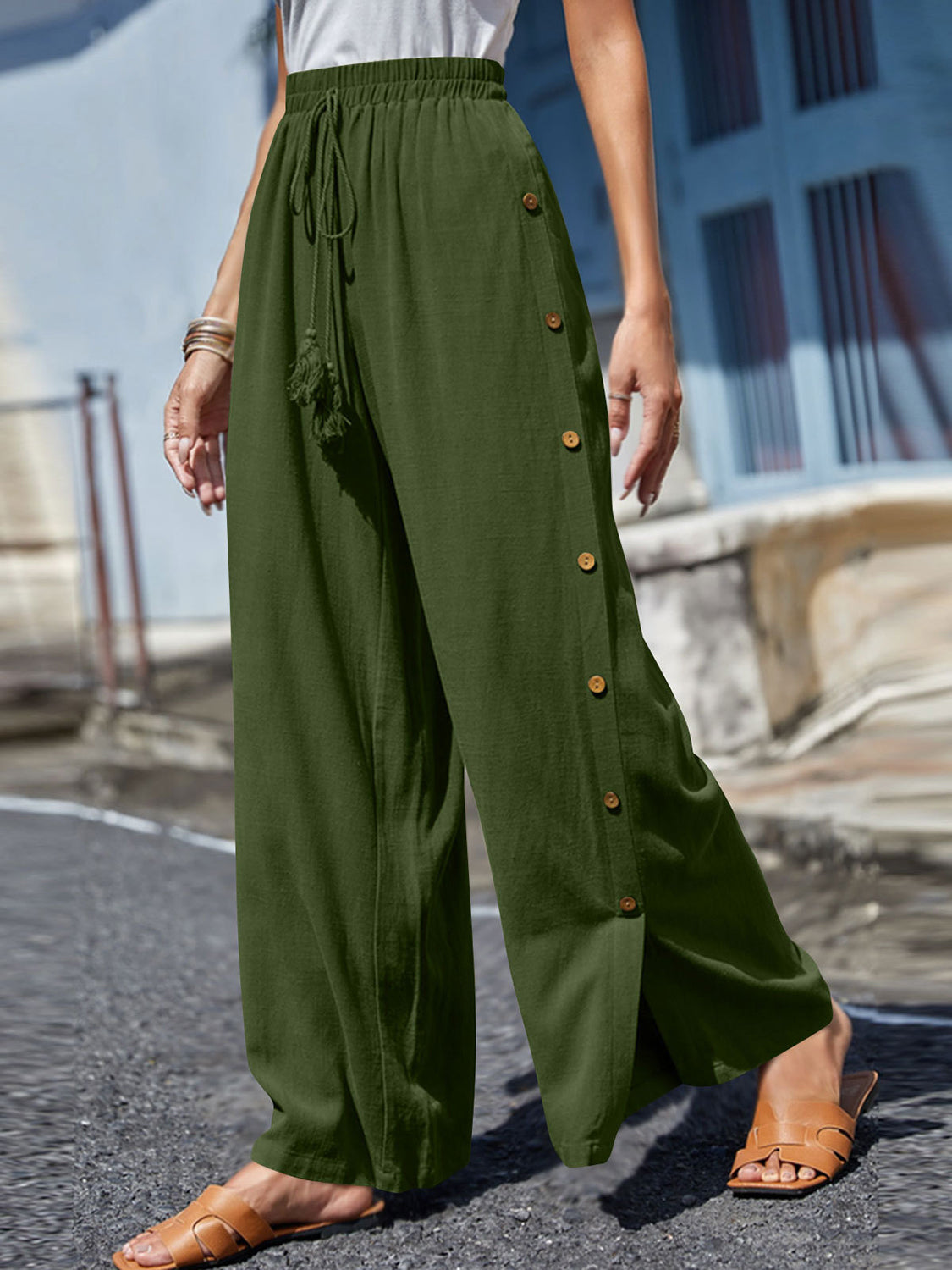 Boho Chic  Plus Size Tassel Wide Leg Pants [Spirit and Rebel] Moss S 