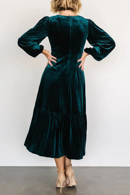 V-Neck Long Sleeve Midi Velvet Dress [Spirit and Rebel]