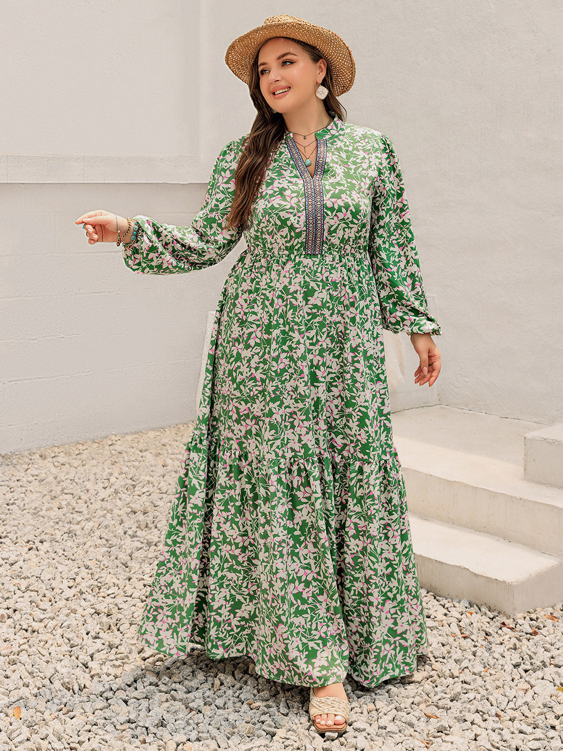 Spirit and Rebel Plus Size Printed Notched Long Sleeve Maxi Dress [Spirit and Rebel] Green 0XL 