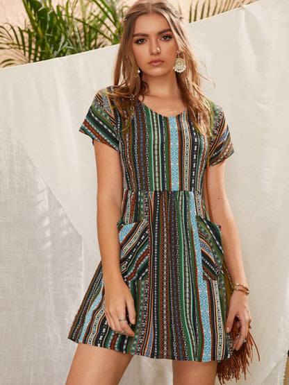 Pocketed Striped Short Sleeve Boho Dress [Spirit and Rebel] Moss S 