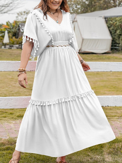 Spirit and Rebel Plus Size Tassel Smocked V-Neck Half Sleeve Dress [Spirit and Rebel] White 0XL 