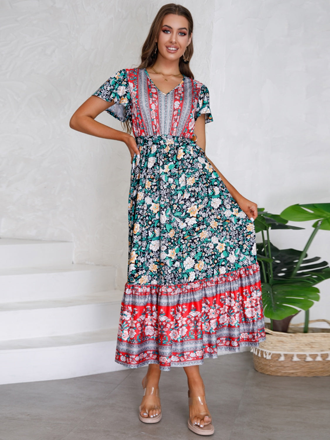 Tied Printed V-Neck Short Sleeve Boho Wedding Guest Dress [Spirit and Rebel]   