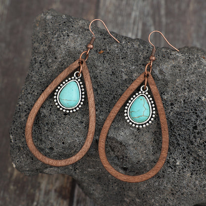 Wooden Turquoise Cutout Teardrop Boho Earrings - Spirit and Rebel [Spirit and Rebel]   