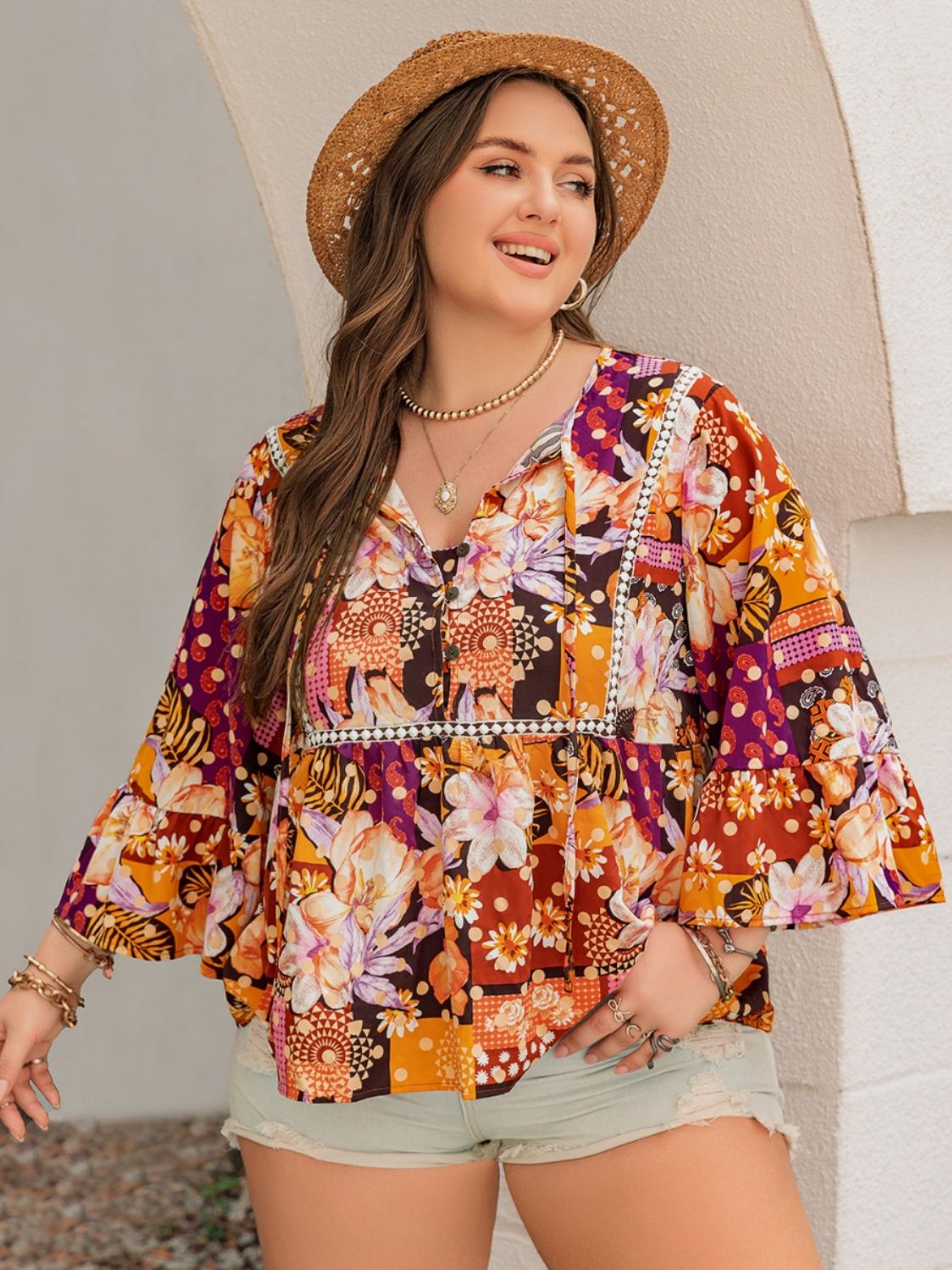 Plus Size Printed Tie Neck Boho Blouse - Spirit and Rebel [Spirit and Rebel]   