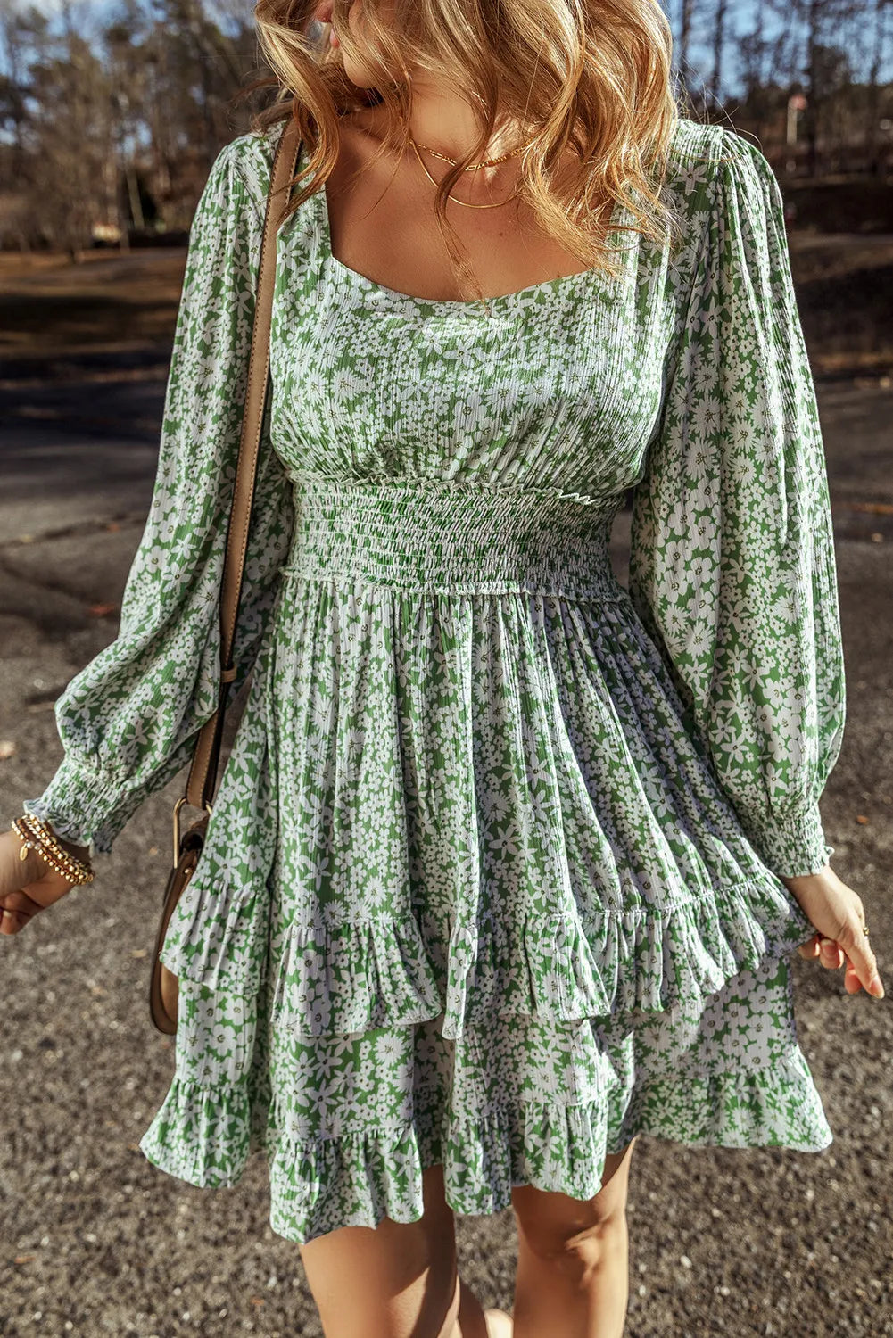 Spirit and Rebel Ruffle Hem Floral Square Neck Long Sleeve Dress [Spirit and Rebel] Sage S 