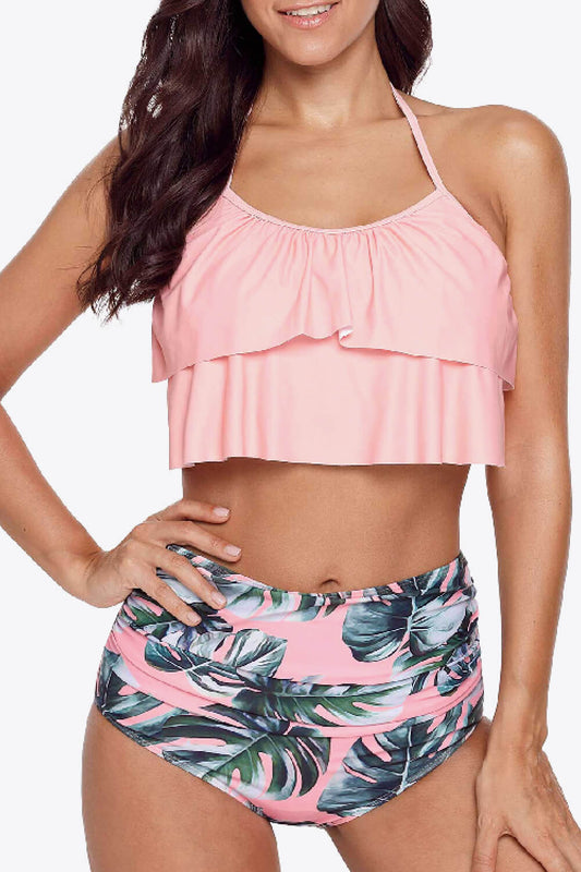 Sunset and Swim Halter Neck Tie Back Crop Swim Top and Botanical Print Swim Bottoms Set Sunset and Swim