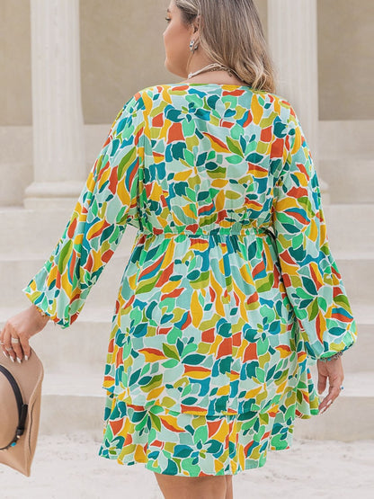 Plus Size Printed Surplice Long Sleeve Mini Dress - Spirit and Rebel [Spirit and Rebel]   