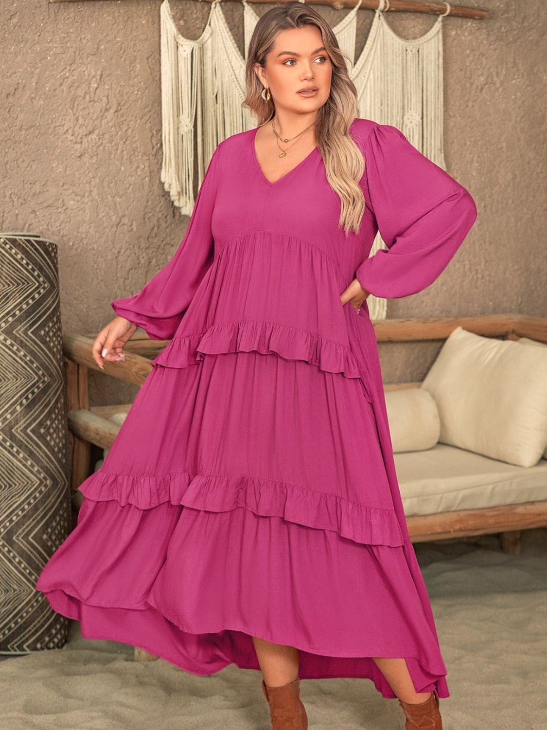 Plus Size Ruffled V-Neck Long Sleeve Dress - Spirit and Rebel [Spirit and Rebel]   