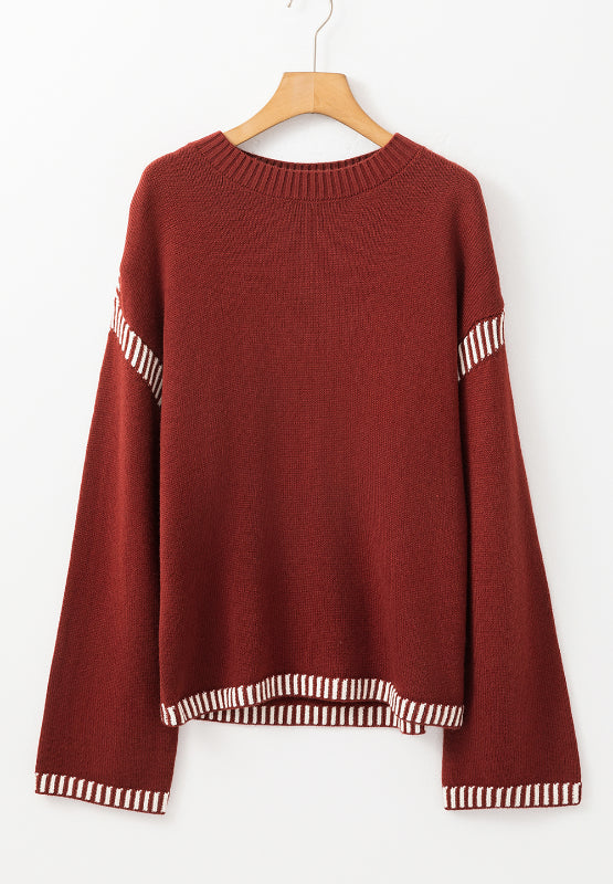 Spirit and Rebel Striped Detail Round Neck Dropped Shoulder Boho Sweater [Spirit and Rebel]   