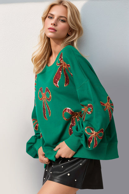 Double Take Christmas Bow Sequin Round Neck Dropped Shoulder Boho Sweatshirt [Spirit and Rebel]