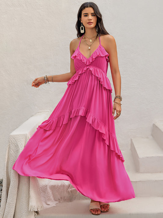 Ruffled Halter Neck Sleeveless Maxi Boho Dress - Spirit and Rebel [Spirit and Rebel] Hot Pink S 