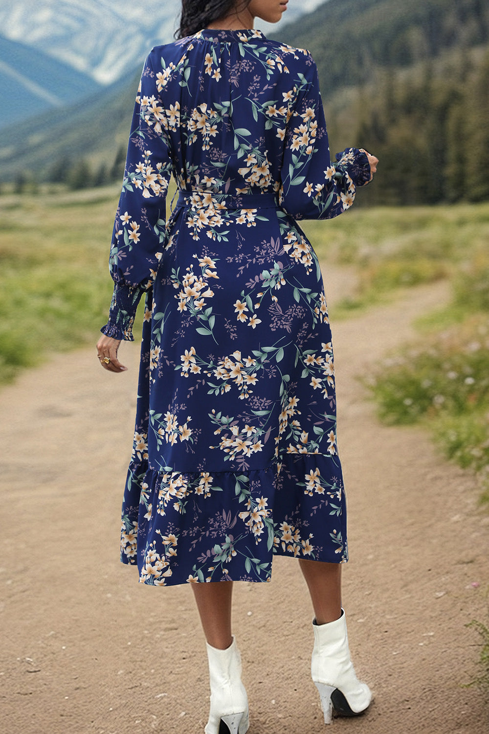 Printed Notched Lantern Sleeve Boho Midi Dress [Spirit and Rebel]   