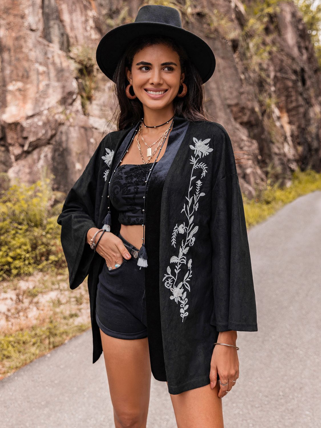 Embroidered Open Front Long Sleeve Boho Cardigan