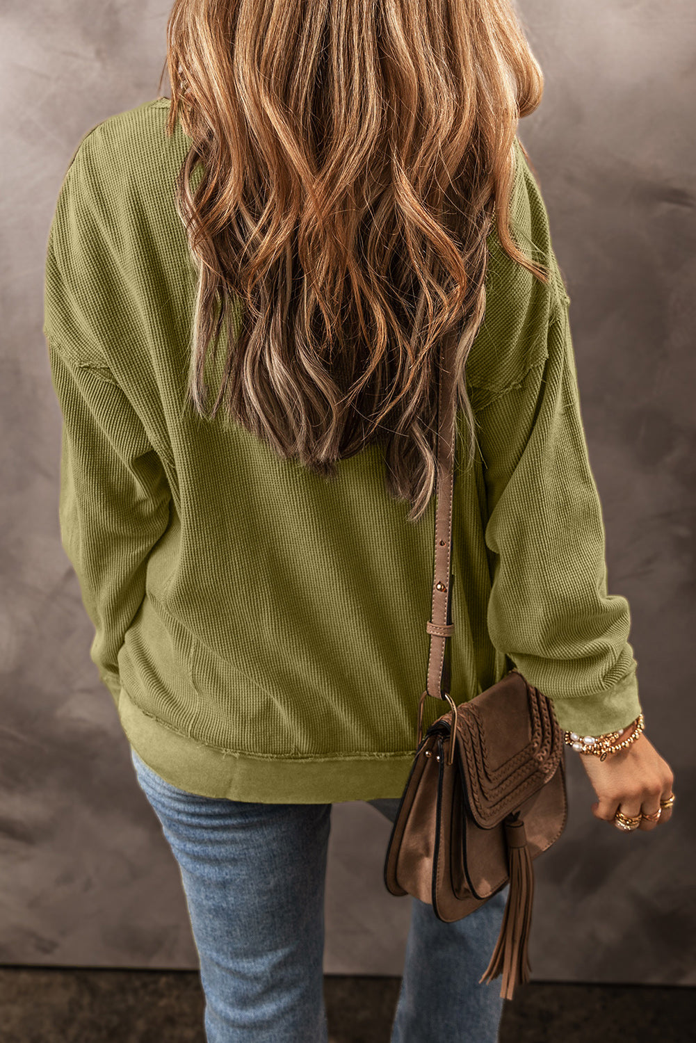 Textured Round Neck Long Sleeve Boho Sweatshirt [Spirit and Rebel]   